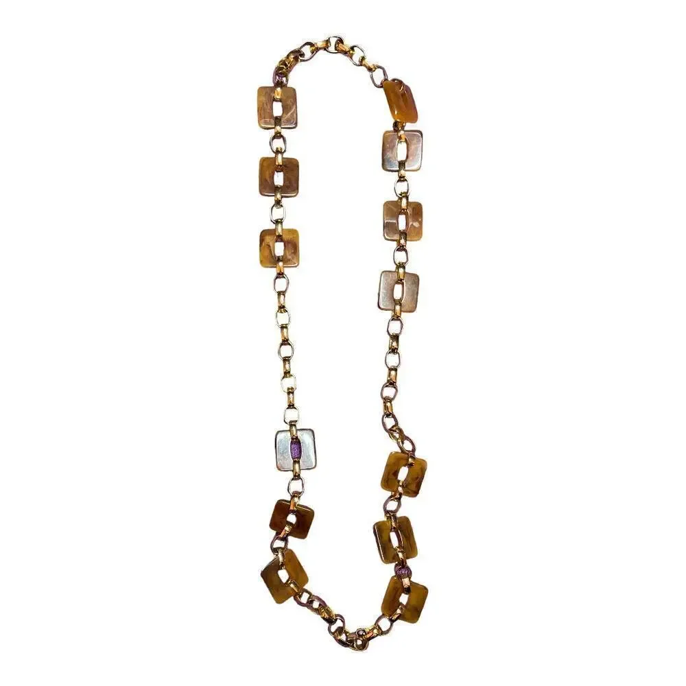 Brown Faux Amber Stone & Gold Chain Necklace 15